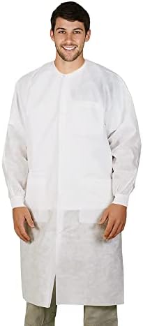 EZGOODZ Disposable Lab Coats for Adults, Large White, 45 GSM Polypropylene, Unisex Lab Coat with Snap Front, Knit Cuffs and Collar, 3 Pockets, Pack of 50 by EZGOODZ