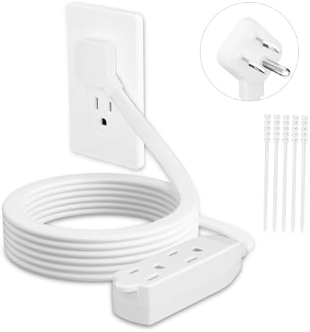 3 Outlets Flat Plug Extension Cord 6FT, 3 Prong Thin Grounded Power Strip, Right Angled Flat Plug, Low Profile Flat Indoor Cable, NISPT-2 16/3 AWG, 13A/125V/1625W, ETL Listed, White, 25 Zip Ties by Unknown