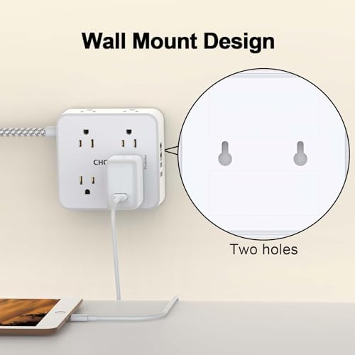 Surge Protector Power Strip - CHCORE 20Ft Braided Extension Cord with 8 Outlets with 4 USB (2 USB C) Charging Ports, Flat Plug Multi Plug Outlet Extender Charging Station for Home Office, ETL, White - Image 5