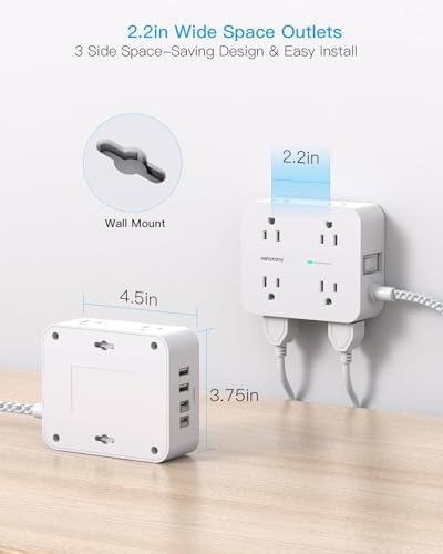 10Ft Extension Cord with Multiple Outlets, Surge Protector Power Strip 10 Ft Cord, 8 Outlets 4 USB Ports(2 USB C), Flat Outlet Extender, Desk Charging Station for Home Office College Dorm Essentials - Image 7