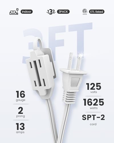 PLUGTUL Indoor Extension Cord 3 FT | 2 Prong White Extension Cord, 3 Polarized Outlets with Safety Cap Protect for Home Office, 16/2 SPT-2 ETL Listed, 3 Pack - Image 2