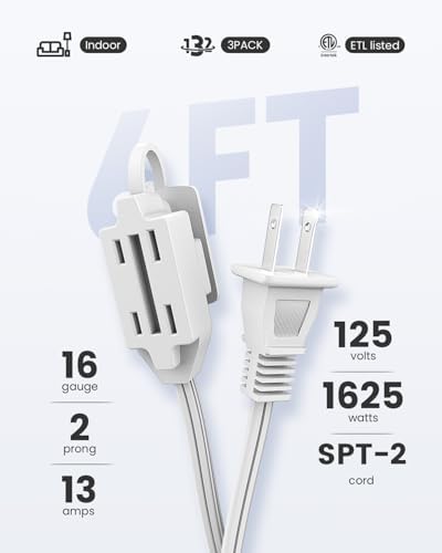 PLUGTUL Indoor Extension Cord 6 FT | 2 Prong White Extension Cord, 3 Polarized Outlets with Safety Cap Protect for Home Office, 16/2 SPT-2 ETL Listed, 3 Pack - Image 2