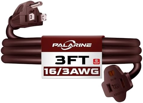 3 Ft Brown Outdoor Extension Cord, 16 Gauge Heavy Duty Power Cord by PALARINE