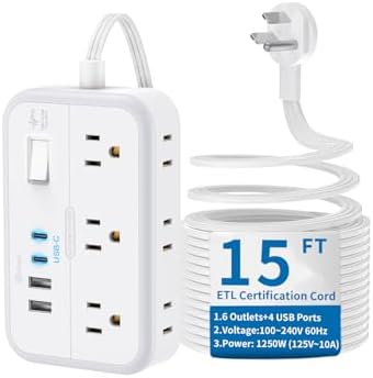 Flat Extension Cord 15 ft, NTONPOWER Surge Protector Power Strip with 6 Widely Outlets 4 USB Ports(2 USB C), Flat Plug, Wall Mounted, Side Outlet Extender for Indoor, Home Office, Dorm Room Essentials by NTONPOWER