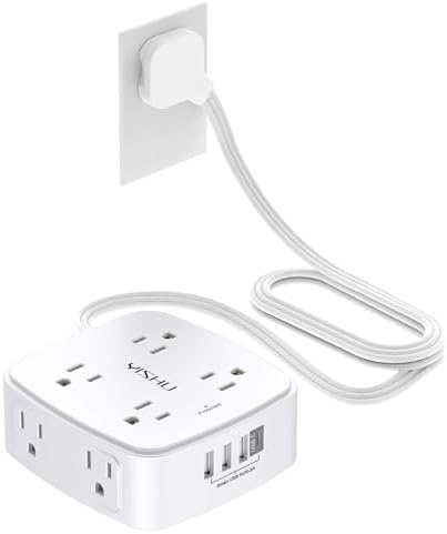 6 Ft Surge Protector Power Strip - YISHU 8 Widely Outlets with 4 USB Ports, 3 Side Outlet Extender with 6 Feet Flat Extension Cord, Ultra Flat Plug, Wall Mount, Desk USB Charging Station, ETL, White by YISHU