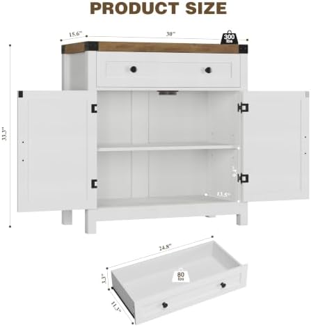 HOSTACK 31.5"W Kitchen Storage Cabinet, Farmhouse Coffee Bar Cabinet, White - Image 3