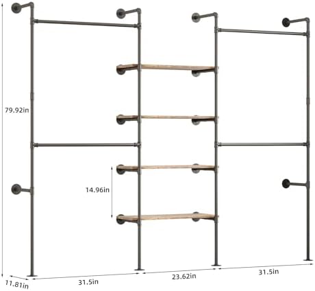 Industrial Pipe Clothing Rack with LED Lights& Shelves,Black - Image 2