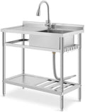 GarveeTech 39 in x20 in Freestanding Stainless Steel Utility Sink with Workbench, Hot & Cold Faucet, Undershelf, Knife Holder, S-Hooks – Commercial Prep Sink for Kitchen, Garage, Outdoor, Laundry by GarveeTech