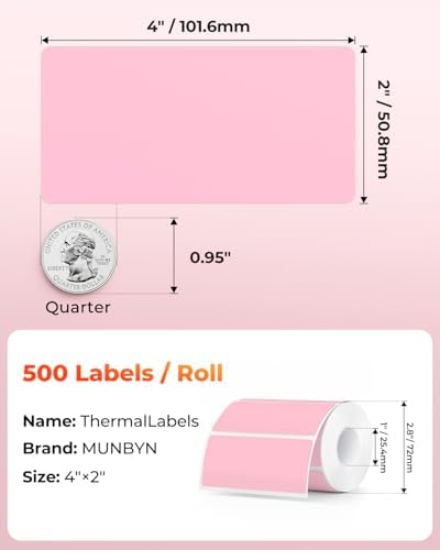 MUNBYN 4x2 Thermal Labels, 500 Sheets/1 Roll, Pink - Image 2