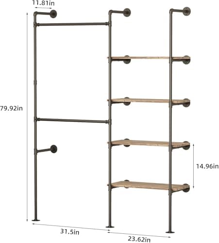 Industrial Pipe Clothing Rack with LED Lights& Shelves - Image 2