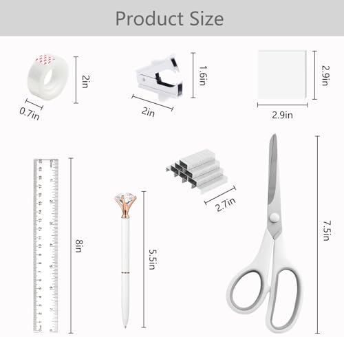 Office Supplies,School Supplies,White Desk Accessories,Desk Organizer,Scissors,Stapler,Tape Dispenser,Binder Clips,Staples,Staple Remover,Sticky Notes,Clear Tape,Pen,Ruler,Best Gift,11pcs - Image 7
