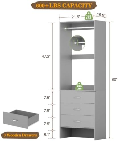 Aheaplus 1.8FT Closet System with Drawers, 21.5’’ Closet Organizer, Grey - Image 6