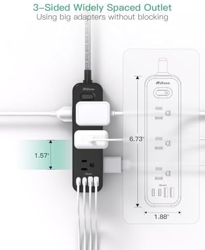10FT Power Strip, 13-in-1 Long Extension Cord with Multiple Outlets with 9 Wide Spaced Outlets and 4 USB Ports, Flat Plug Wall Mount Charging Station for College Dorm Room Essentials, Office, Black - Image 6
