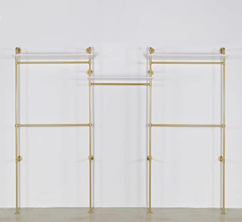 Industrial Pipe Clothing Rack Wall Mounted 5 Hanging Rods Garment Bar with Storage Shelf, Heavy Duty Metal Clothes Racks Closet System for Hanging Clothes Retail Display (Gold) - Image 2