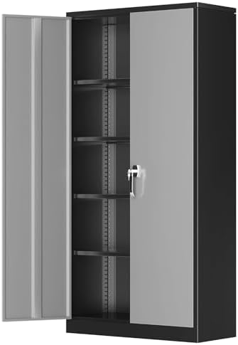 Greenvelly Metal Garage Storage Cabinet, 72" Black Gray Tool Steel Locking Cabinet with Doors and 4 Shelves, Tall Cabinets for Garage Storage Systems Lockable File Cabinet for Home Office,Garage by Greenvelly