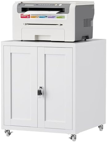 Large Printer Stand with Storage and Lock, 3D Heavy-Duty Printer Cabinet, Printer Table for Home Office with Doors and Adjustable Shelves, for Office Copier and Fax Machine, White by LVSTEEL