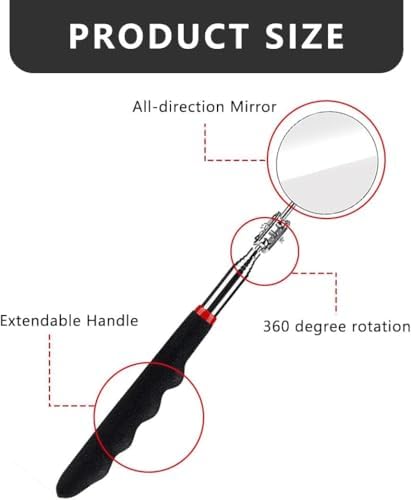 6 Pcs Extended Handle Telescopic Mirror Set - Car Inspection Mirror, 50mm Diameter, Round Handle, 360-Degree Rotation, Stainless Steel Universal Folding Telescopic Round Mirror (Black) - Image 3