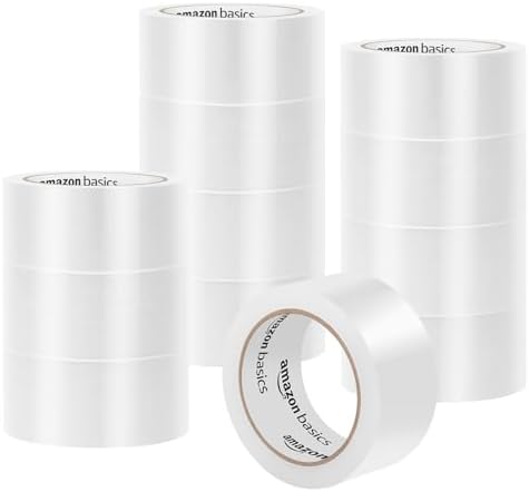 Amazon Basics Strong Plastic Adhesive Packing Tape for Shipping, Sealing Boxes, Moving and Storage, Clear, Low Odor, 1.88 in x 54.6 yds, 12-Pack by AmazonBasics