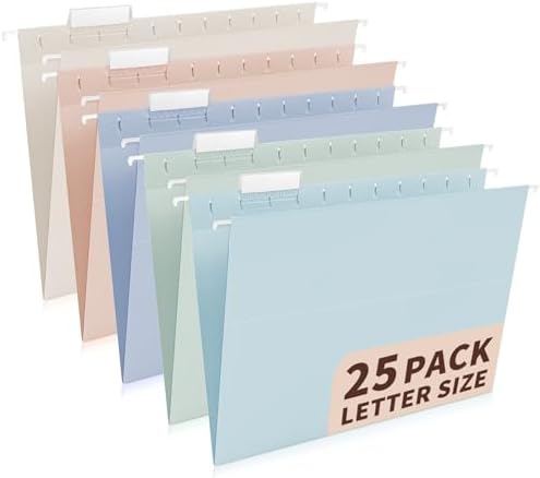 25-Pack Morandi Hanging File Folders,Letter Size with 35 Transparent Label Cards,50 Sticker Labels,1/5-Cut Tabs–Home Office & Filing Cabinets by Jowaia