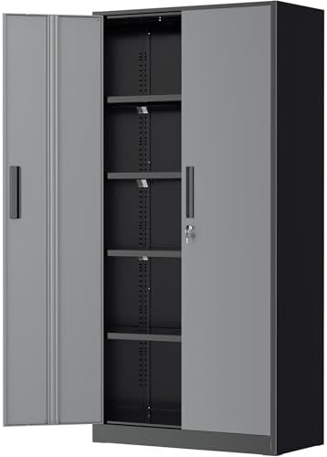 Greenvelly Metal Garage Storage Cabinet, 72" Black Gray Tool Steel Locking Cabinet with Doors and 4 Shelves, Tall Cabinets for Garage Storage Systems Lockable File Cabinet for Home Office,Garage by Greenvelly