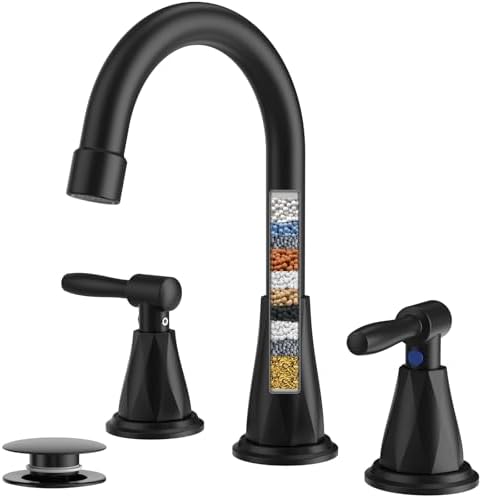 Bathroom Faucets with Filter, Widespread Black Bathroom Sink Faucet for 3 Holes with Pop-up Drain Assembly, Two Handle Vanity Faucet (Contemporary) by FEELSO