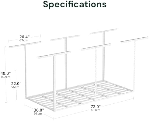 SunsGrove 3x6 Garage Storage Overhead Rack Organization, Adjustable Ceiling Mounted Storage Racks, 800LBS Weight Capacity, 22"-40" Ceiling Dropdown, White - Image 3