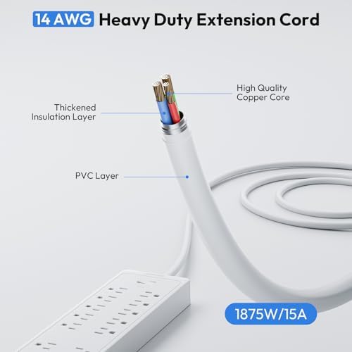 25Ft Extension Cord, NTONPOWER Long Cord Power Strip with 12 Outlet 3 USB(1 USB C), 2100 Joules, 1875W/15A, Overload Protection, Wall Mount for Home Office, Workbench, Garage, White - Image 4