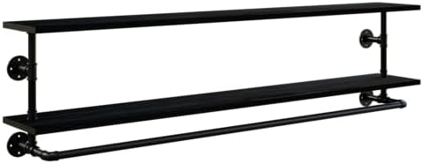 Black Clothes Rack 60in, 2-Tier Wall Mounted Garment Rack with Real Wood Shelf, Heavy Duty Hanging Clothes Rack, Multi-Purpose Hanging Rod, Space-Saving Closet Storage - Image 2