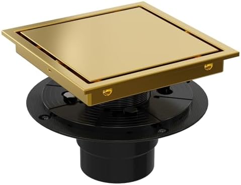 Square Shower Drain with Flange, 6 Inch, Brushed Gold, 2-in-1 Grate by HeaOrld