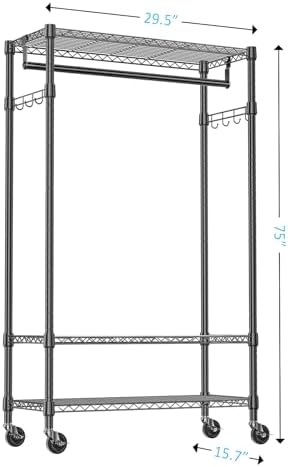 IZEUK Heavy Duty Rolling Garment Rack Wire Clothes Rack for Hanging Clothes (Black, 3 Tier with 2 Rod, 29.5" W x 15.7" D x 75" H) - Image 2