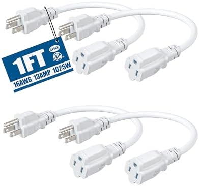 DEWENWILS Short Extension Cord 1FT, AWG16/3, White, UL Listed, 4 Pack by DEWENWILS