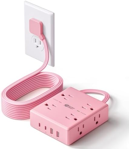 SUPERDANNY Pink Extension Cord 10Ft, Flat Plug Power Strip Surge Protector by SUPERDANNY