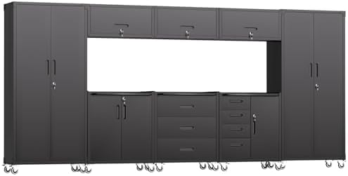 Garage Storage Cabinets System 8 PCS Workshop Set with Drawers Locking Heavy Duty Rolling Cart with Adjustable Shelves Garage Tool Workbench Cabinets (8 PCS, Black) by FLIXELIO