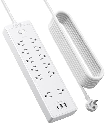 25Ft Extension Cord, NTONPOWER Long Cord Power Strip with 12 Outlet 3 USB(1 USB C), 2100 Joules, 1875W/15A, Overload Protection, Wall Mount for Home Office, Workbench, Garage, White by NTONPOWER