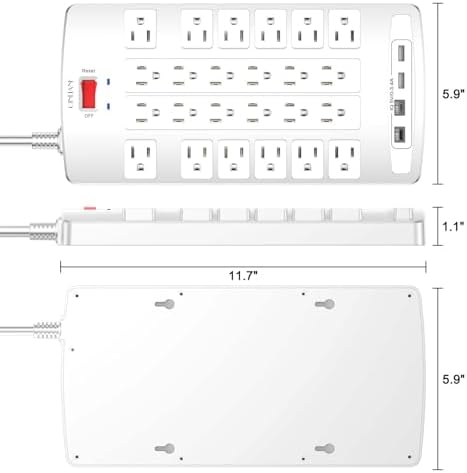 Surge Protector Power Strip - QINLIANF 20Ft Flat Plug Heavy Duty Extension Cord with 24 Outlets and 4 USB Ports(2 USB-C Ports), 4100J, for Home, Office, Dorm, ETL Listed, White - Image 7