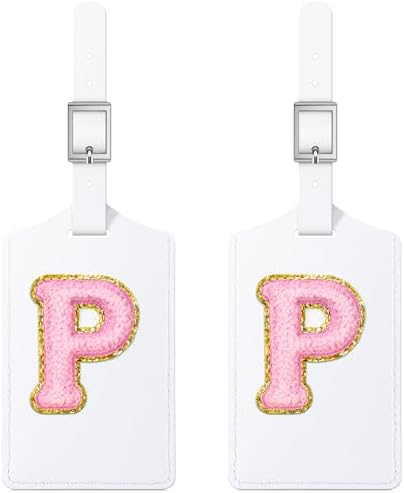 Sodsay 2 PCS Initial Luggage Tag, Luggage Tags for Suitcases Cute Embroidered Letter PU Leather Travel Bag Baggage Tags Privacy Cover ID Label for Women Kids Teens Men(P, White Leather+Pink Letter) by Sodsay