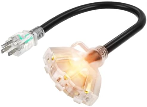 1FT 12 Gauge Black Outdoor Extension Cord with Multiple Outlets by Deeklify