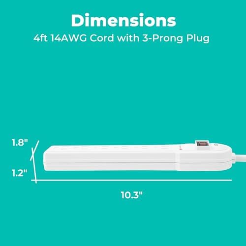 KMC 6-Outlet Surge Protector Power Strip 2-Pack, Overload Protection, 4-Foot Cord, 900 Joule - White - Image 3