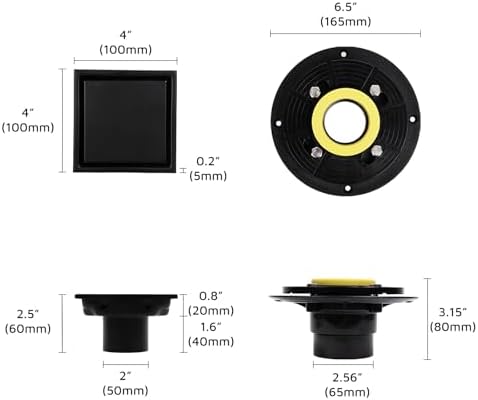 Square Shower Drain with Flange, 4 Inch, Matte Black, 2-in-1 Grate - Image 2