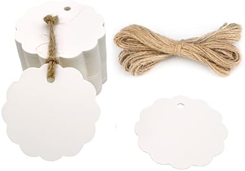 G2PLUS 100PCS Scalloped Tags with Twines,2.4 in Round White Paper Tag by G2PLUS