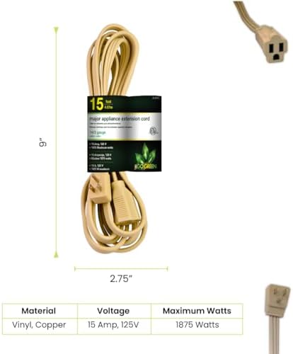Go Green Power Inc. 15ft Appliance Cord, Beige - 14/3 SPT, Heavy Duty, Grounded, Kink-Free, 3 Prong Right Angle Plug for Large Indoor Appliances - Image 2