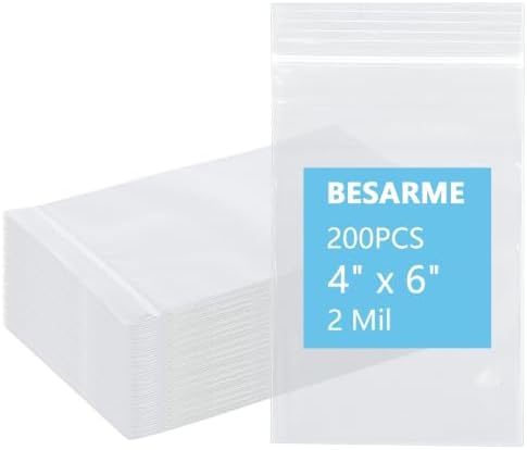 200 Count 4 x 6 Inch Clear Resealable Poly Bags, 2 Mil Small Zip Bags by BESARME