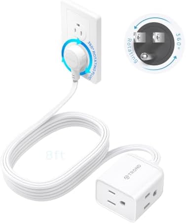 TROND 360 Rotating Flat Plug Extension Cord 8ft, 3 AC, ETL Listed, White by TRONDOfficial