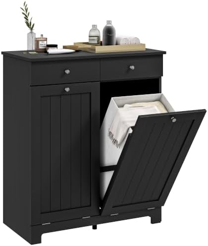 HOMCOM Laundry Cabinet with 2 Removable Baskets, Tilt Out Hamper, Black by HOMCOM