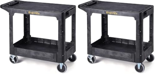 ELAFROS Heavy Duty Plastic Utility Cart, 37 x 18.8 in, Flat Top, Swivel Wheels, 550 lbs Capacity, Black (Pack of 2) by ELAFROS