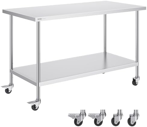 VEVOR Stainless Steel Work Table 30 x 60 x 38 Inch, with 4 Wheels, 3 Adjustable Height Levels, Heavy Duty Food Prep Worktable for Commercial Kitchen Restaurant, Silver by VEVOR