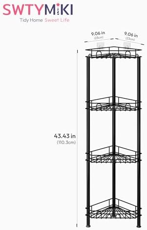 SWTYMIKI Standing Shower Caddy Corner - 4‑Tier Stainless Steel Shower Organizer Shelf with 16 Hooks and Adhesive Pads, Rustproof Corner Shelves Stand Rack for Bathroom Shower Room, Black - Image 7