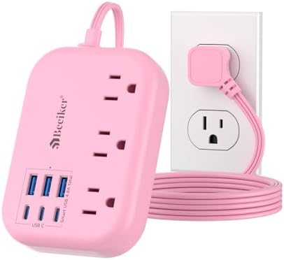 Beeiker 6 USB (3 USB C) Pink Power Strip, 5Ft Extension Cord, 3 Outlets by Beeiker-BetterHelperforYou