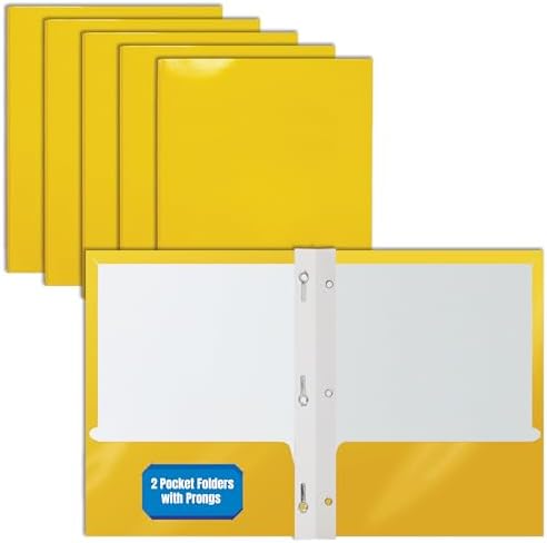 Better Office Products 2 Pocket Glossy Yellow Paper Folders with Prongs, 25 Pack, Letter Size, High Gloss Yellow Paper Portfolios with 3 Metal Prong Fasteners, Box of 25 by BetterOfficeProducts