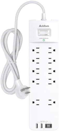 Addtam Power Strips with Surge Protection, 6FT Extension Cord with Multiple Outlets, Surge Protector Power Strip with 10 Outlets and 4 USB Ports(2 USB C), Flat Plug, 2700J, White by Addtam